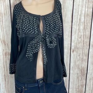 Barbara Taddet Black Blouse w/ Tie Front & White Polka Dot Front & Cuffs Sz 44/6